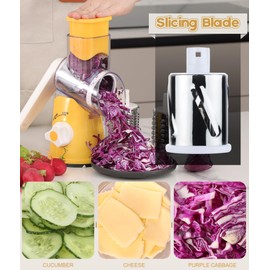 Ourokhome Rotary Cheese Grater Hand Crank, Kitchen Shredder Speed Mandolin Slicer Nut Grinder with Handle and Drum Blades for Cheese, Vegetable, Walnut, Chocolate, Potato, Carrot, 3 Blades, Yellow