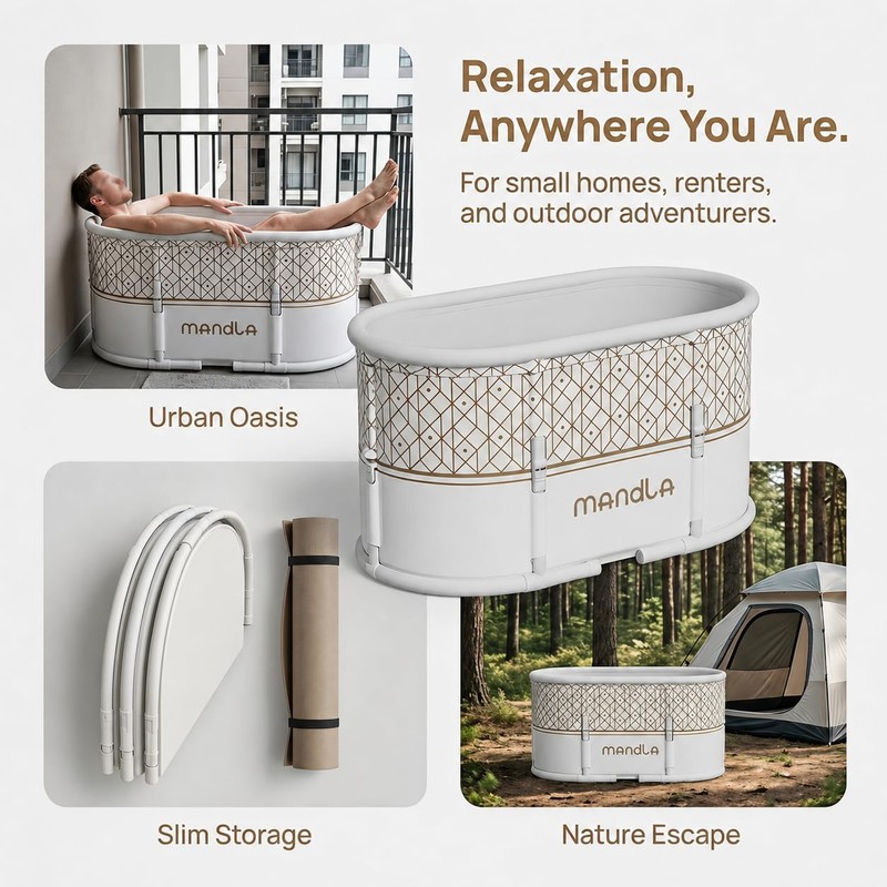 Portable Bathtub for Adults, 37.4" Foldable Bathtub No Installation, Freestanding