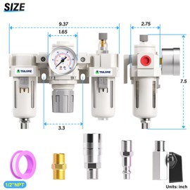 TAILONZ PNEUMATIC 1/2 Inch NPT Manual Drainage 3 in 1 Oil Air Pressure Regulator Filter AC4000-04（0-150PSI） with Lubricator Cup for Air Tools System