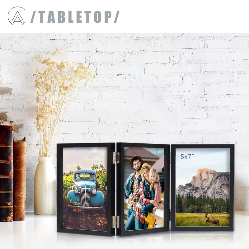 AEVETE Triple 5x7 Picture Frames Black Hinged Folding Photo Frames