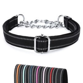 JIPIMON Martingale Collar for Dogs, Reflective Stainless Steel Chain Safety Adjustable Martingale Collar for Small Medium Large Dogs (Medium, No Buckle Black)
