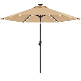Durable & Practical 7.5 Ft Market Outdoor Patio Umbrella with Solar Lights Crank Lift Push Button Tilt | Khaki Beige Tan Color Large Shade Octagonal Stable Air Vent UV Wind Fade Water Proof