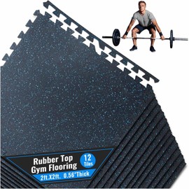 66FIT 0.56 Inch Rubber Top Thick Gym Mats For Home Gym 12-PCS, 48 Sq Ft EVA Foam Mats with Rubber Top, High Density Protective Flooring Exercise Gym Flooring Exercise Equipment Mats