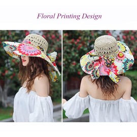 Summer Straw Hat Women Wide Brim Beach Sun Hat Summer Reversible Hat with Removable Strap Flower Ribbon UPF 50+