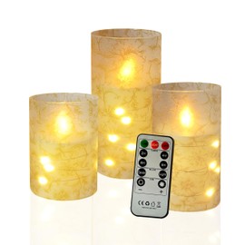 FCMSHAMD Flickering Flameless Candles Vintage Gold Floral Print, Embedded Star String Lights, Battery Operated Acrylic LED Pillar Candles with 11-Key Remote and Timer for Home Decoration - 3 Pack