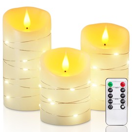 Homemory Flameless Candles with String Lights, 3 Pack Embedded Fairy String Lights LED Candles, Electric Flickering Candles with Remote Control and Timer, Real Wax, Ivory White