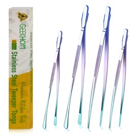 GEEKHOM Tweezer Tongs for Cooking, [4 Pack] 12 “+10” Long Tweezers Stainless Steel Kitchen Chefs Professional Tweezers for Food Frying, Barbecue, Roasting, Steak, Salad, BBQ, Dessert, Colorful