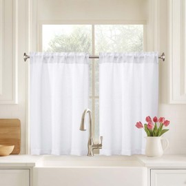 Ebesto White Kitchen Curtains 36 Inch Length 2 Panels, Light Filtering Farmhouse Kitchen Curtains Tiers for Bathroom RV Camper, Dual Rod Pocket Small Cafe Window Curtain Over Sink, 2x30Wx36L Inches