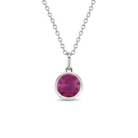 925 Sterling Silver Hot Pink Round Simulated Ruby Pendant Necklace For Preteens & Teenage Girls 16" - Fun Fuchsia CZ Necklace for Girls - Sparkling Jewelry Gift For Teen Girls born in July