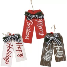 Christmas house Lot Of 3 Christmas House Rustic  Wooden Sentiment Tag Ornaments W/Bow 9 in
