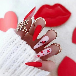 Valentines Press on Nails Almond Tip Fake Nails, Glue on Nails Pink Acrylic False Nails with Heart Press on Nails Love Designs Valentine Nails Press on Artificial Nails Stick on Nails For Women 24Pcs