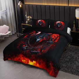 Nttopship Blood Moon Werewolf Comforter Set for Kids and Adults 3Pcs,Vampire Theme Bedding Comforter Soft Warm Comforer for All Season Child Room Decor with 1 Comforter and 2 Pillow Case