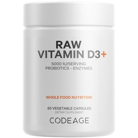 Codeage Raw Vitamin D3+ High Potency 5000 IU Supplement from Saccharomyces Cerevisiae - Raw Vitamin, Probiotics, Digestive Enzymes, Fruits & Greens - 2-Month Supply - 60 Capsules