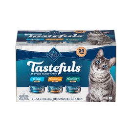 Blue Buffalo Tastefuls Wet Cat Food Paté Variety Pack, Made with Natural Ingredients, Chicken, Turkey & Chicken, Ocean Fish & Tuna Entrées, 5.5-oz Cans (24 Count, 8 of Each)