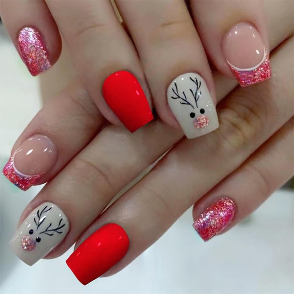 Vezocim Christmas Press on Nails Coffin with Elk Designs, Artificial