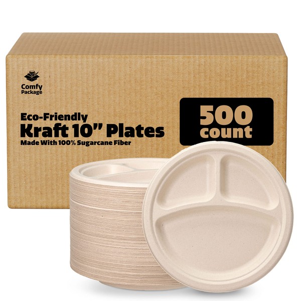 Comfy Package [Case of 500 10 Inch Heavy-Duty 100% Compostable Plates, 3 Compartment Eco-Friendly Disposable Sugarcane Paper Plates - Brown Unbleached