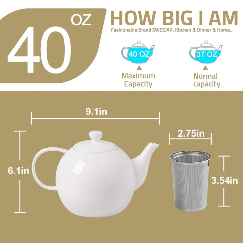 Sweejar Porcelain Teapot with Removable Stainless Steel Infuser,Microwave & Dishwasher