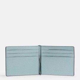 Coach NWT Coach Slim Money Clip Billfold Wallet CH090 Light Blue Pebble Leather
