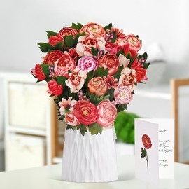 Podazz Paper Pop Up Cards, Creative 3D Flower Bouquet Greeting Card Holiday Wishes Paper Sculpture Hand Bouquet with Note Card and Colorful Envelope, Teacher's Day Mother's Day（12inch, Peony Blossoms）