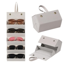 AUTOARK Foldable PU Leather Glasses Organizer with 5 Slots,Hanging & Portable Sunglass Eyewear Storage Case for Men Women,Grey,MKAW253