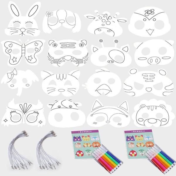44 PCS Animal Masks Set for Kids DIY, Halloween Kid Masks Including 16 PCS White Card Color-in Masks with 16 PCS Cords and 12 PCS Colorful Pens for Birthday Party Bag Fillers
