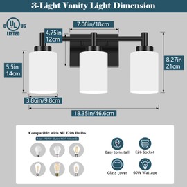 Lomoky 3-Light Bathroom Vanity Light Fixtures Over Mirror, Rustproof Vanity Lights for Bathroom, Modern Black Bathroom Lights Wall Mount with Milky White Glass Shades for Bedroom Living Room