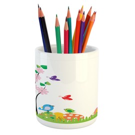 Ambesonne Easter Pencil Pen Holder, Spring Illustration with Abstract Flourishing Tree Leaves and Flowers Animal Pattern, Printed Ceramic Pencil Pen Holder for Desk Office Accessory, Multicolor