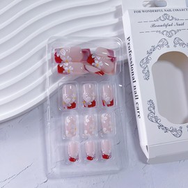 Spring Press On Nails Red French Tip Fake Nails with Floral Designs Short Length Square Shape Flower Nails Press Ons Glossy Full Cover Acrylic Nail Tips Glue On Nails Stick On Nails for Women 24PCS