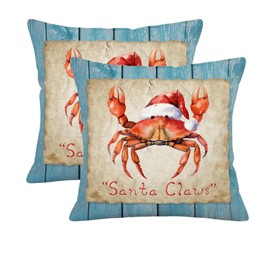 Doobicy Christmas Crab Throw Pillow Covers 18x18Inch Set of 2, Santa Claws Holiday Crab Double-Sided Print Decorative Cushion Covers Blue Wood Style for Coastal Beach House Sofa Couch Decor