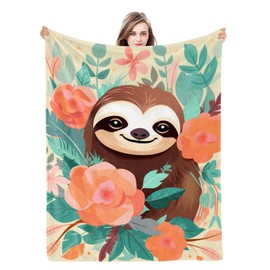 Naniopick Sloth Throw Blanket 350 GSM Flowers Flannel Blanket for Kids Baby Sloth Print Blanket Gifts Soft Fluffy Blanket for Bedroom Birthday Graduation Christmas Easter Gift,50"x60"