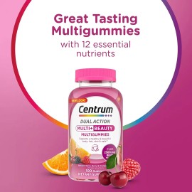 Centrum Multigummies Multi+ Beauty Multivitamínico De Doble Acción, Especialmente Diseñado Con Biotina Para Un Cabello, Piel Y Uñas Saludables, Sabores De Cereza, Baya/naranja, 100 Gomitas Para Adulto