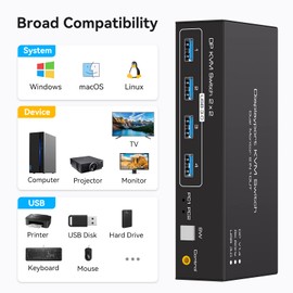 ATLAHET 8K Displayport KVM Switch 2 Monitors 2 Computers 8K@60Hz 4K@120Hz Dual Monitor USB 3.0 KVM Switches for 4 USB Devices, Wired Extension Button,12V DC Adapter and Two USB3.0 Cables