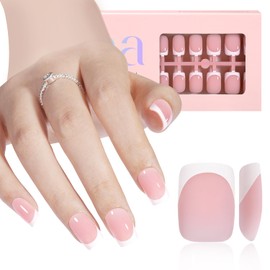 AILLSA French Tip Press On Nails,180 Pcs Pink Short Square French Gel Nail Tips,Pre-Applied Primer & Base Coat,No Need File French Tips,French Nail Tips Nail for Art DIY 15 Sizes