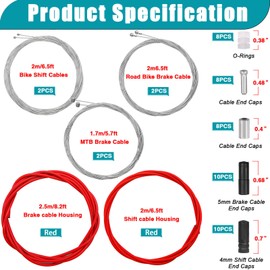 Taiss - Cable de freno universal para bicicleta, kit de carcasa de cable de cambio de bicicleta con juntas tóricas, tapas de extremo para reparación de bicicletas de montaña de carretera (rojo)