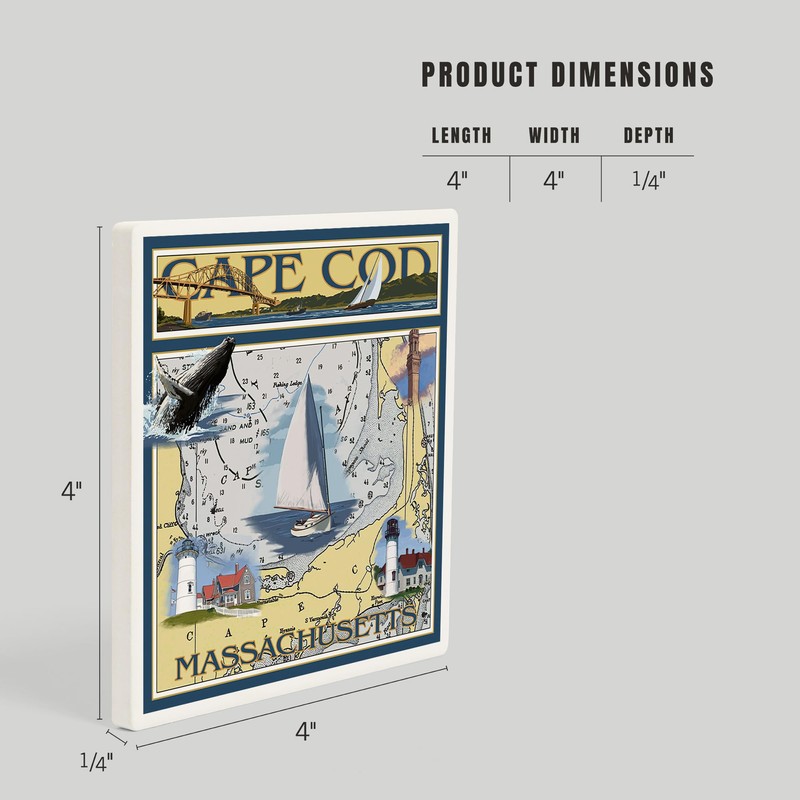 Cape Cod, Massachusetts, Nautical Chart (Absorbent Ceramic Coaster, Single, Cork