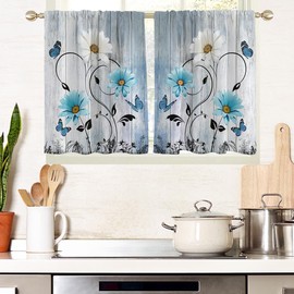 AAtter Blue Floral Window Curtains for Kitchen White Rustic Flowers Abstract Butterfly Daisy Small Short Home Living Room Bedroom Bathroom Drapes Treatment Fabric 1 Pair, 27.5" W x 36" L, Retro