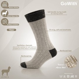 GoWith Alpaca Wool Socks for men and women, 2 pairs multipack, fine knit, warm, soft, cosy, natural wool, thermal, thick boot socks, walking hiking camping, beige brown size 6-8