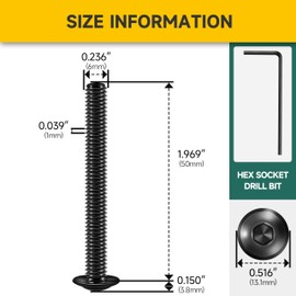 Mywish M6 x 50mm 25Pcs Flange Button Head Hex Socket Cap Screws Bolts, 304 Stainless Steel Furniture M6x1.0 Bolts Full Thread, Black Oxide & Hex Spanner