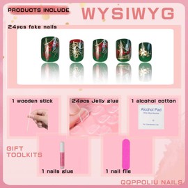 QQPPOLIU Press on Nails,Green Press on Nails Short Square Nails Glossy Nails Press Ons with Design (Jade)