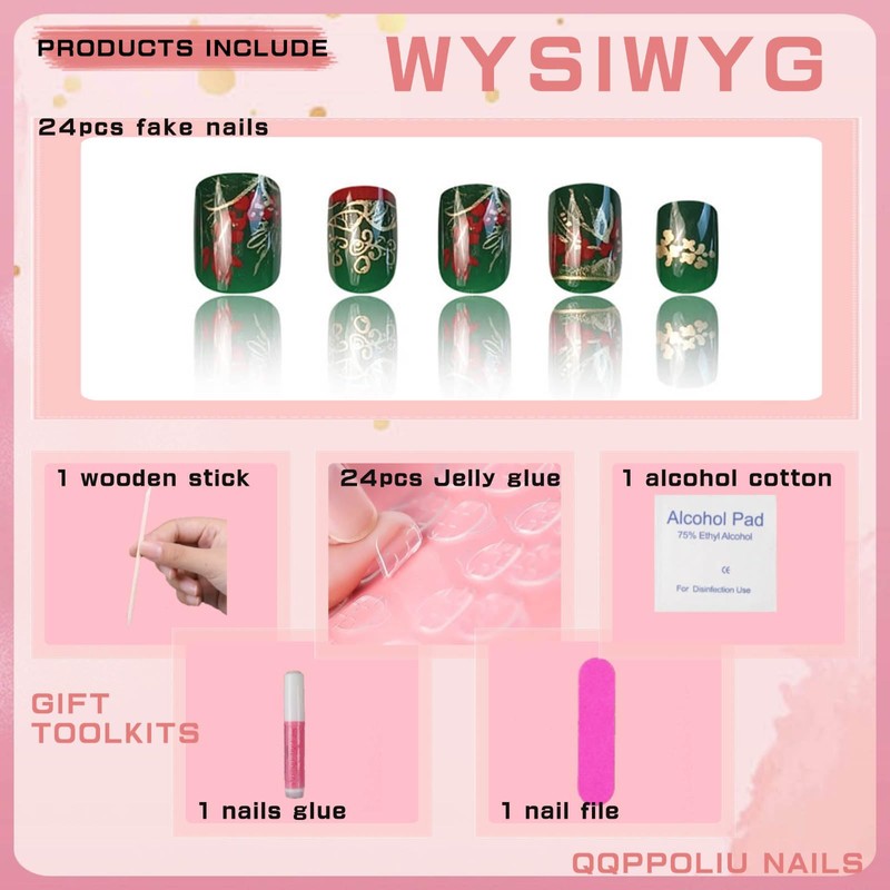QQPPOLIU Press on Nails,Green Press on Nails Short Square Nails