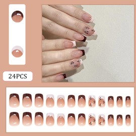 RUPOFUZA French Tip Press on Nails Medium Length Nails Press Ons 24Pcs Fake Nails Glue on Nails With Cute Little Flowers Stick on Nails Artificial Acrylic Nails for Women
