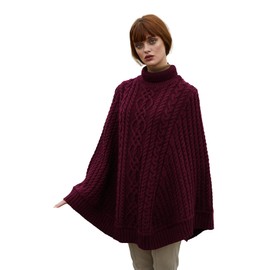SAOL 100% Merino Wool Cable Knit Ladies Irish Aran Poncho Cardigan (Wine,S-M)