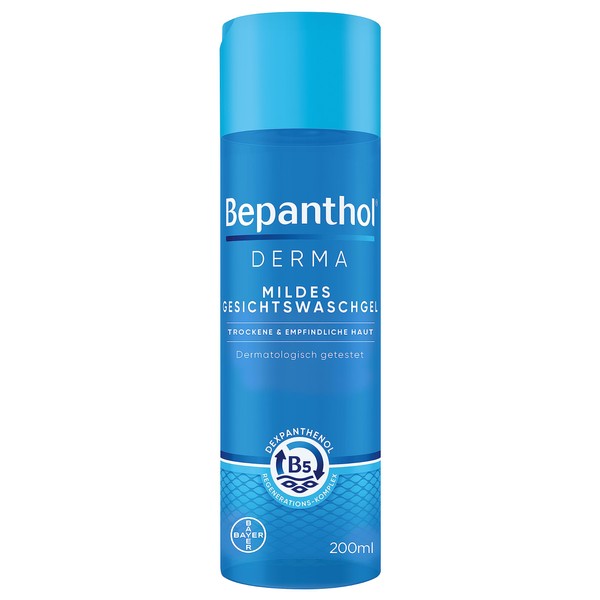 Bepanthol Derma Mild Face Wash Gel, Mild Face Wash Gel for Sensitive and Dry Skin, Dermatologically Tested Moisturiser with Dexpanthenol, Soap-Free, 200 ml Bottle