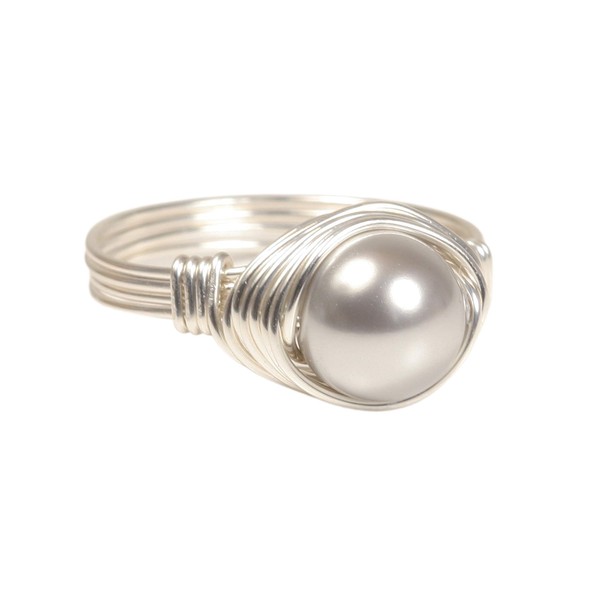 Sterling Silver Ring with Light Grey Pearl Wire Wrapped Handmade