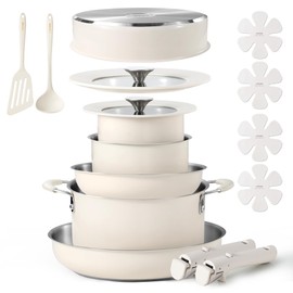 CAROTE 16Pcs Stainless Steel Cookware Set With Detachable/Removeble Handle Set, Space Saving Pots and Pans Set, RV Camping Set, Outer Ceramic Layer Nonstick, Dishwasher/Oven Safe, Kitchen Cooking Set