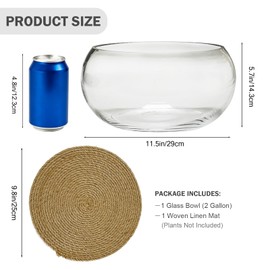 12" Large Round Glass Lotus Bowl Planter with Rattan Mat