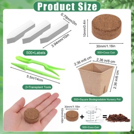 RimCereal 500 Sets Seed Starter Plant Pot Kit, 2.36" Square Peat Pots, Compressed Coir Fiber Potting Soil, Biodegradable Nursery Pot Bulk, Garden Germination Container with Planting Labels for Plant