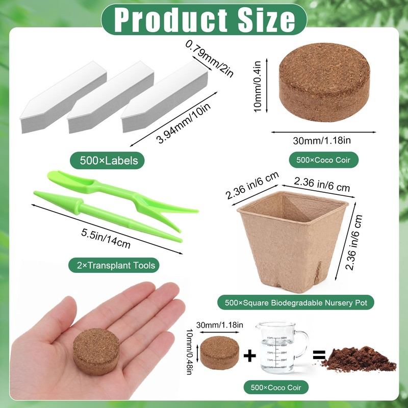 RimCereal 500 Sets Seed Starter Plant Pot Kit, 2.36" Square