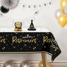 3 Pack Happy Retirement Tablecloth Disposable Tablecloth Retirement Party Decorations Plastic Table Cover for Retirement Going Away Party Farewell Goodbye Party 54 x 108 Inch (Black and Gold)