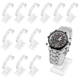 JJQHYC 12 Pieces Clear Plastic Watch Display Stand | C-Type Watch Holder Rack for Watches | Store Countertop or Home Display Organiser